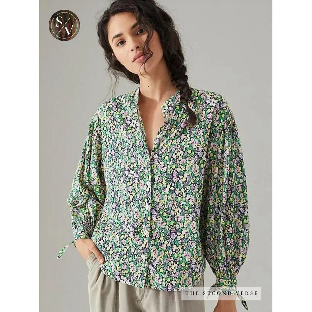 Anthropologie Maeve‎ Ashleigh Puff Long Sleeve Button Down Floral Blouse Small
